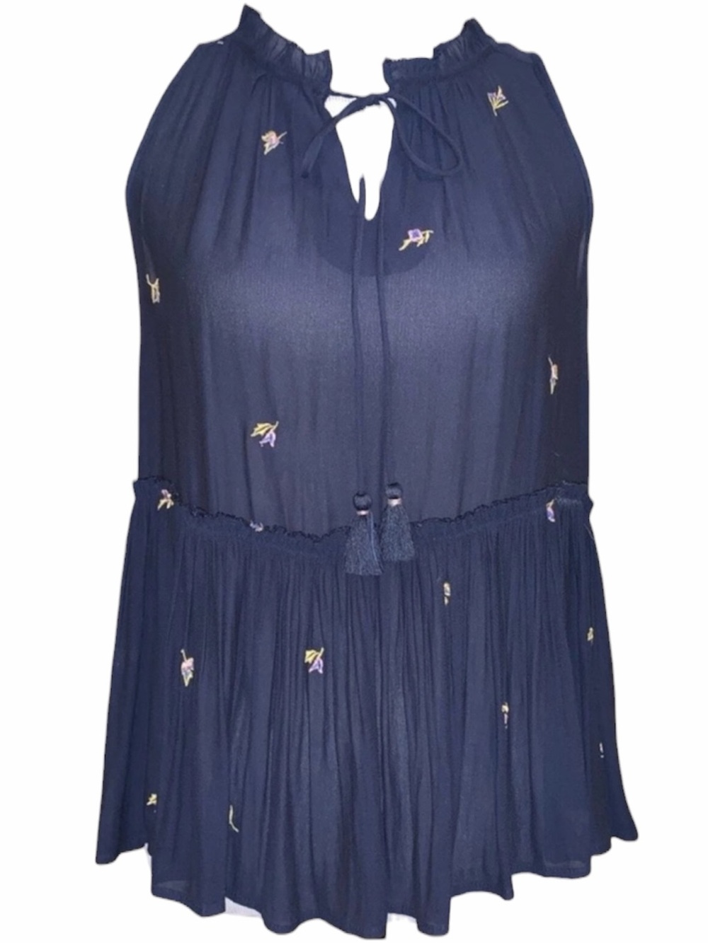 LOFT Sleeveless Peplum Blouse Floral Embroidered Navy Blue Medium